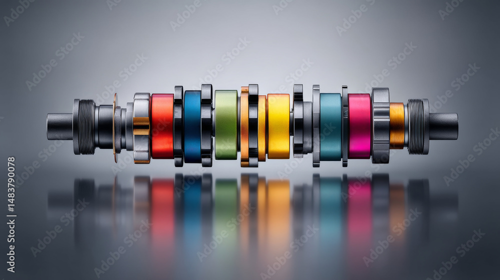 Aufkleber close-up of a colorful mechanical part reflecting on a polished surface.
