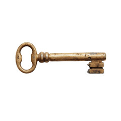 Antique golden skeleton key isolated on black background, vintage and metallic