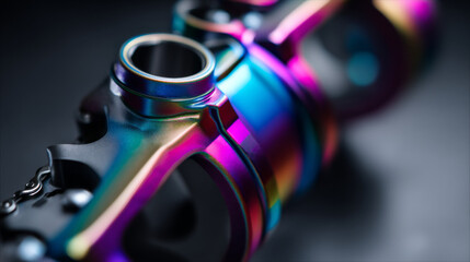 Close-up of a colorful, iridescent bike component showcasing intricate design.
