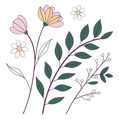 Floral and foliage illustration featuring stylized flowers and botanical elements on white background