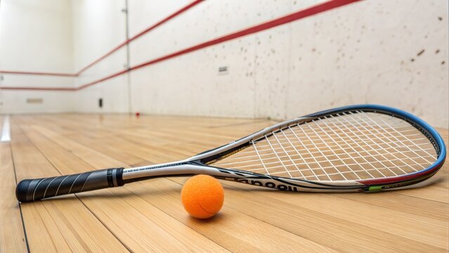 Squash Racquet and Ball Close-Up on White Background 