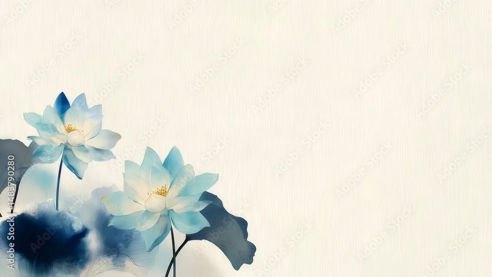 Aufkleber 水彩蓮の花の背景壁紙 柔らかな青の色合いの蓮の花が咲き 白い背景に水彩で描かれた静かな植物のモチーフ