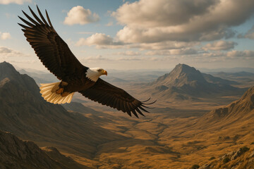 Bald eagle soaring over Glen Tardale mountains, Scotland.