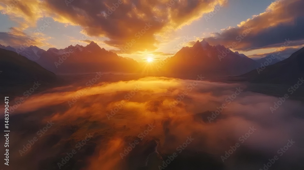 Poster ドラマチックなオレンジ色の太陽光線が山頂を照らす霞のある峡谷の夕暮れ時のパノラマの風景