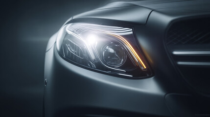 Fototapeta premium Close-up of a modern car headlight glowing in the darkness, showcasing sleek design.