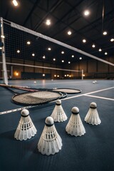 Badminton rackets and shuttlecocks on dark indoor court floor with soft lighting