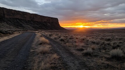 Stunning Sunset over Desert Road and Cliff