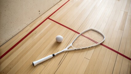 White squash racket and ball on wooden floor, top view