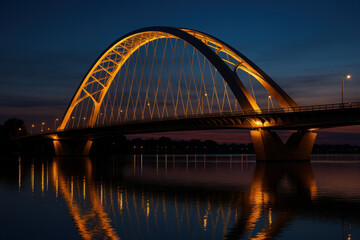 Bridge over water at night with illuminated lights, reflecting in water below, creating a serene and picturesque scene.