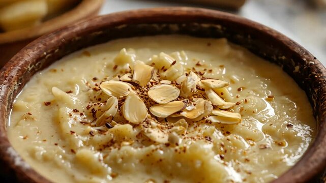 A bowl of creamy white soup with almonds on top. The bowl is brown and has a rustic feel to it. The soup is thick and creamy, with a hint of nuttiness from the almonds