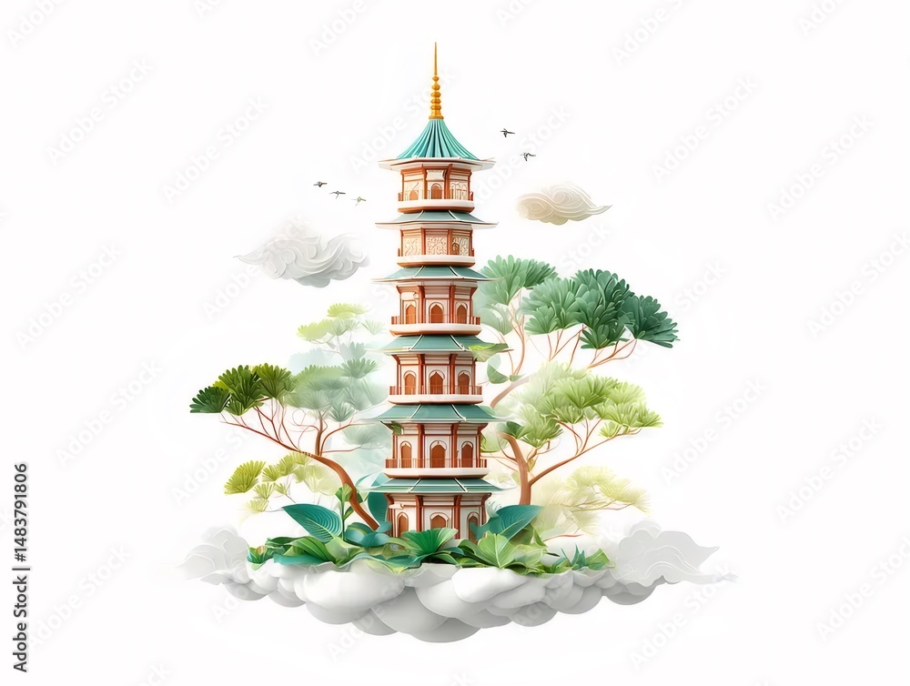 Poster 白い背景に隔離された装飾的な雲と緑の木々に囲まれた緑と茶色の多層アジアの塔のデジタルイラスト