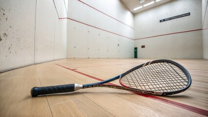 Squash racket close-up in an empty court, ready for play