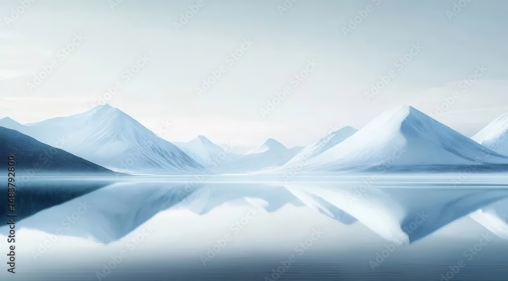 Aufkleber 雪に覆われた山の穏やかな湖面反射 冬の風景 水平線の美しい雪山 水と氷の自然が織りなす静寂と寒さのパノラマ