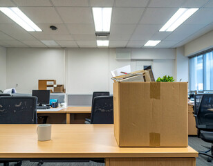 Abandoned office space and items like cardboard boxes or empty chairs, depicting resignation or job transition themes.