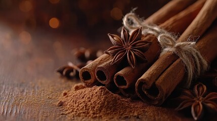 Cinnamon sticks and spices on dark wood with warm blurred background