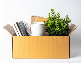 Abandoned office space and items like cardboard boxes or empty chairs, depicting resignation or job transition themes.