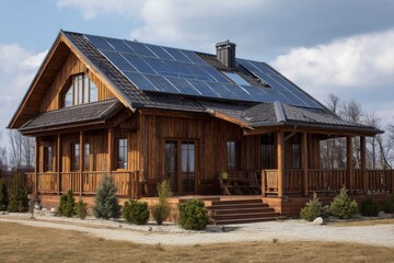 Fototapeta premium Rustic log cabin with solar panels on rooftop against cloudy sky showcasing eco-friendly energy solution and country living.