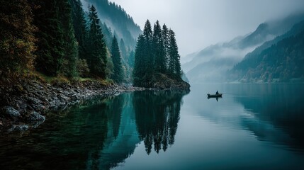 Naklejka premium Misty mountain lake reflection