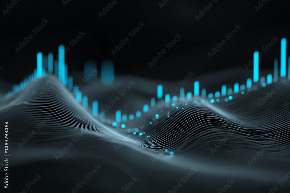 Poster abstract dark background with wavy lines and glowing cyan accents, suggesting data flow or digital l
