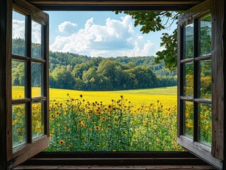 Rustic window view of a vibrant sunflower field under a sunny sky. Perfect for home decor, travel, and nature-themed projects. Ideal for websites, blogs, and print media.