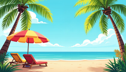 Obraz premium An illustration of a serene beach with palm trees, lounge chairs, and a colorful umbrella under a clear blue sky.