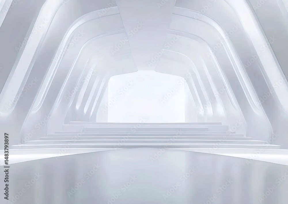 Poster 白い未来的な幾何学的な構造建築物の内部抽象的なデザインの背景通路