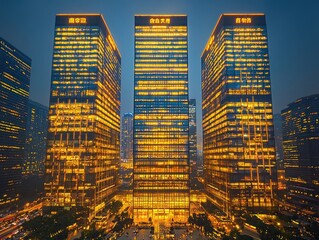 Three illuminated skyscrapers at dusk, city skyline backdrop