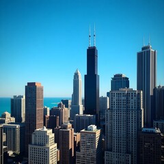 View of Chicago skyscrapers with sky  USA.