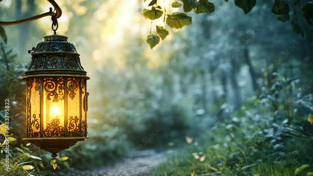 Poster a lantern hanging from a tree in a forest. the lantern is lit and casts a warm glow on the surroundi