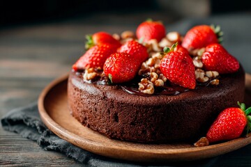 A rich chocolate cake is elegantly garnished with vibrant strawberries and crunchy walnuts. The dessert sits on a wooden plate, creating a rustic atmosphere perfect for a gathering