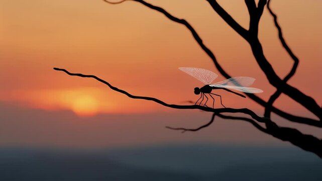A serene sunset backdrop shows a dragonflylike weather drone perched on a tree branch collecting atmospheric data while integrating with local weather monitoring systems to enhance