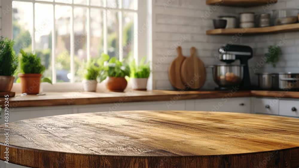 Poster a wooden table with a view of the kitchen. the table is round and has a view of the window