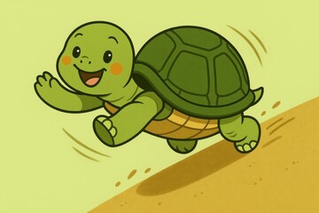 Excited cartoon turtle sliding down an imaginary sandy hill, playful illustration on a light green background