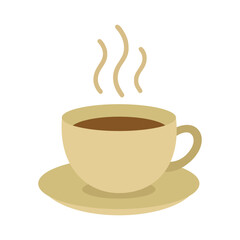 Simple illustration of a beige cup filled with hot coffee, steam rising, placed on a matching saucer. Vector illustration