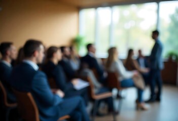 Fototapeta premium Generative AI Blurred Conference Scene with Presenter and Audience