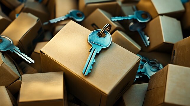 New home transition underway as keys are placed into the lock, surrounded by packed boxes in a cozy setting