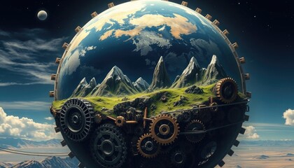 Steampunk Earth Globe: Gear-Driven World with Mountain Landscape