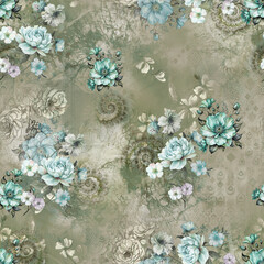 "Bright and bold tropical flowers scattered evenly in a seamless floral pattern &ndash; ideal for summer fashion prints."