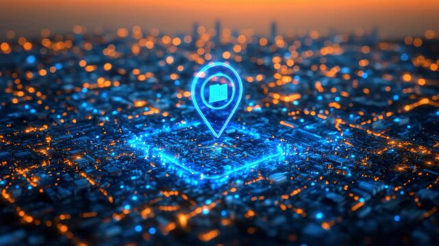 Digital Map Pin with Glowing Lights Over City Landscape at Night