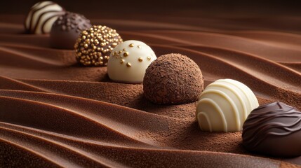 Gourmet chocolate bonbons displayed on smooth chocolate surface elegant textures