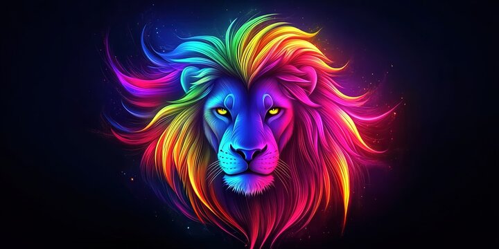 A neon lion's head with a colorful mane glows brightly against a dark black background.