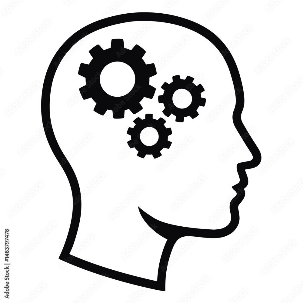 Poster black outline thinking head with gears. graphic element vector icon representing problem solving or 