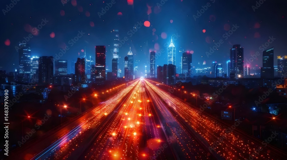 Aufkleber 夜の都市景観 青とオレンジの光のトレイルがある高層ビルと高速道路を示す 未来的な都市の夜景 テクノロジーと都市生活を象徴