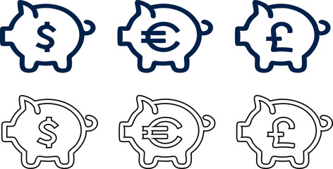 Piggy bank icon set with various currency coins – finance, savings, money box, investment, banking, dollar, euro, yen, pound, flat vector illustration