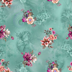 "Seamless allover pattern of watercolor roses and leaves in soft pastel shades, perfect for fabric and wallpaper design."
