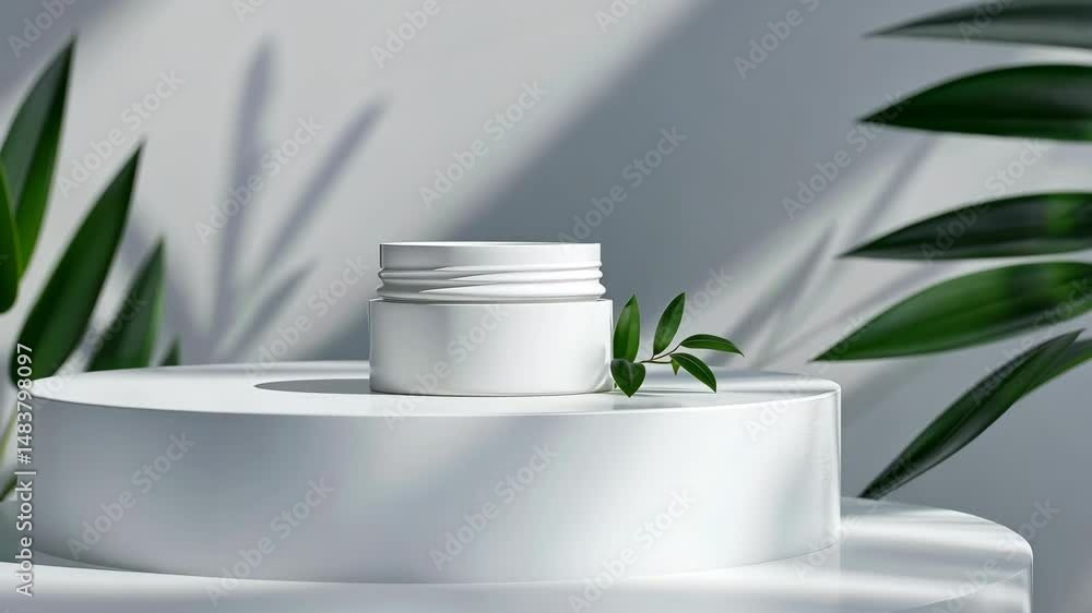 Poster a white jar with a green leaf on top of a white pedestal. the jar is empty and the leaf is placed on