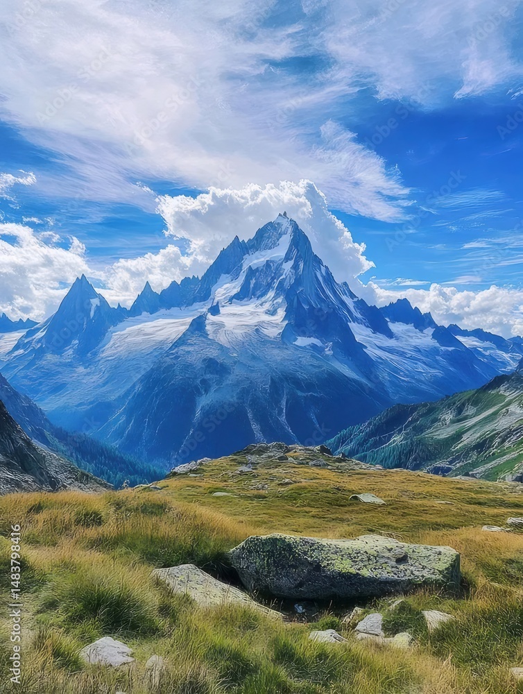 Poster 晴れた日のフランスアルプスの鮮やかな山頂の風景 高山の自然美 雲と青空 草原の岩が織りなす夏の絶景