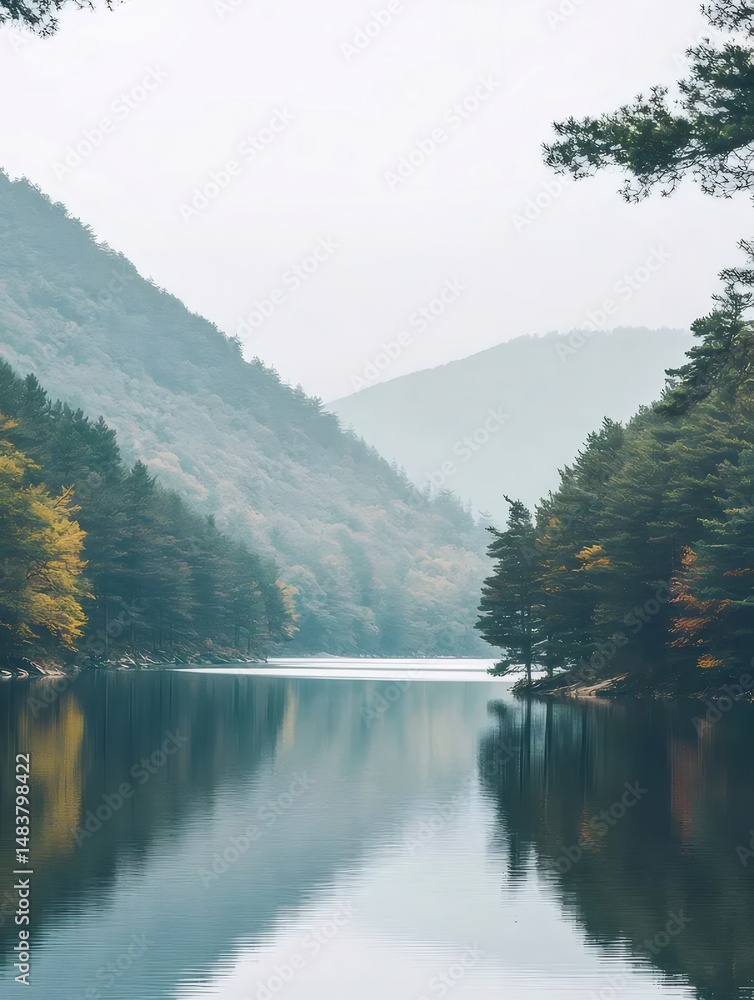 Poster 日本の穏やかな湖と秋色の木々が映る山々の風景写真 穏やかな水面が美しく反射する自然の美しさを捉えたアドビストック写真