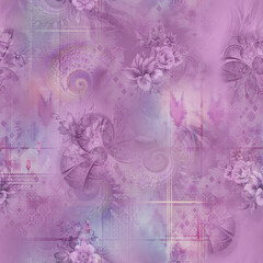 "Seamless allover pattern of watercolor roses and leaves in soft pastel shades, perfect for fabric and wallpaper design."