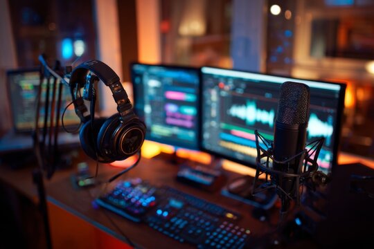Recording studio setup with microphone, headphones, dual monitors, keyboard for podcasting or music production